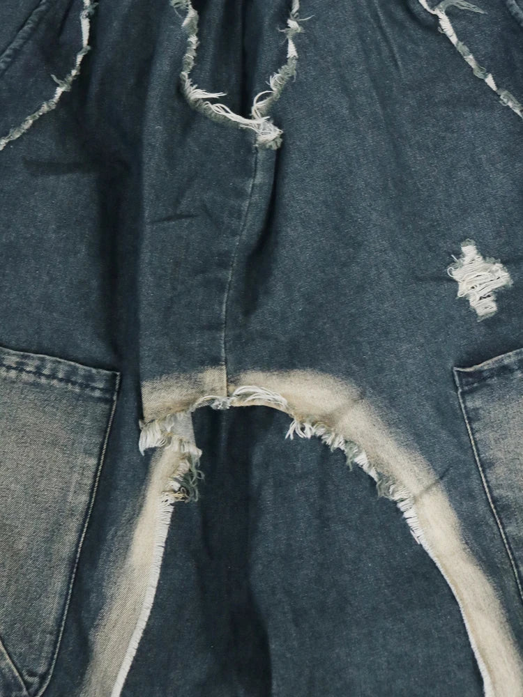 Street Wear Baggy Bag Wide Leg Denim Pants Elastic Waist Distressed Runway Harem Jeans