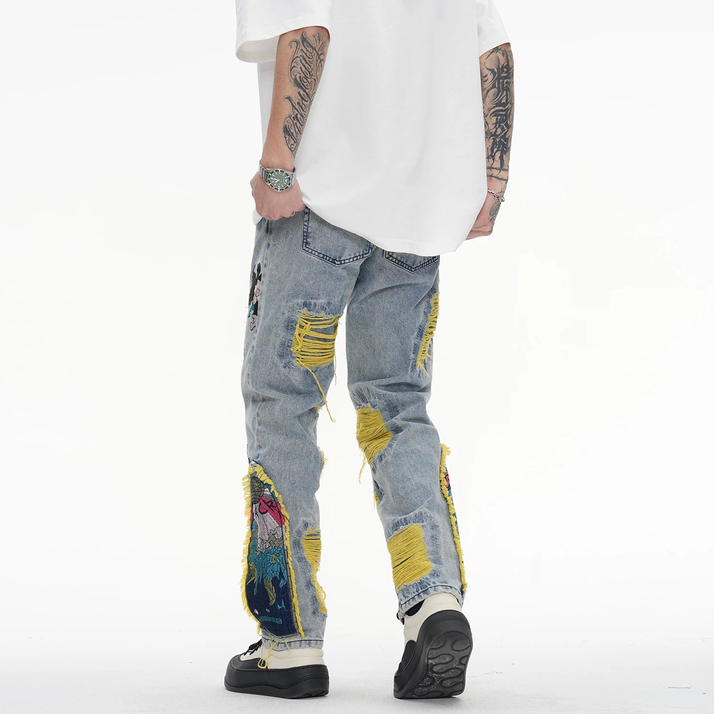 Embroidered Patch Denim Ripped  Streetwear Pleated Tassels Distressed Destroyed