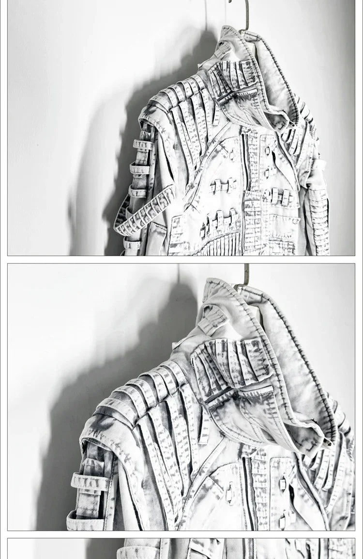 Waste Soil Sand Dune Style Men's Asymmetry Slim Fit Motorcycle Jacket Washed Distressed Fold Deconstruction Coat Male