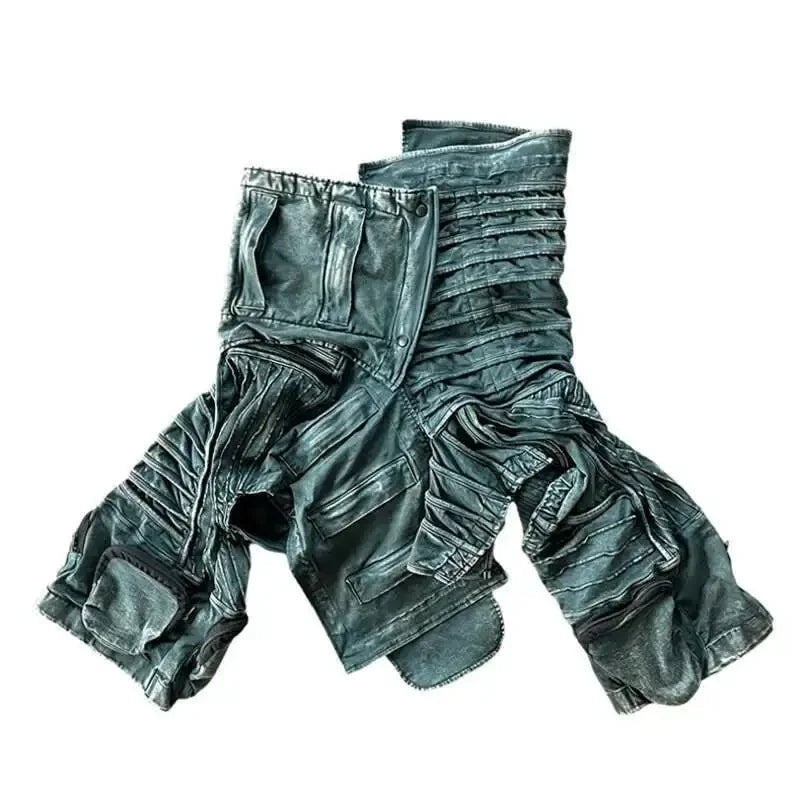 Men and Waste Soil Style  Asymmetric Deconstruction Pleated Jacket Futuristic Washed Short Coat Male