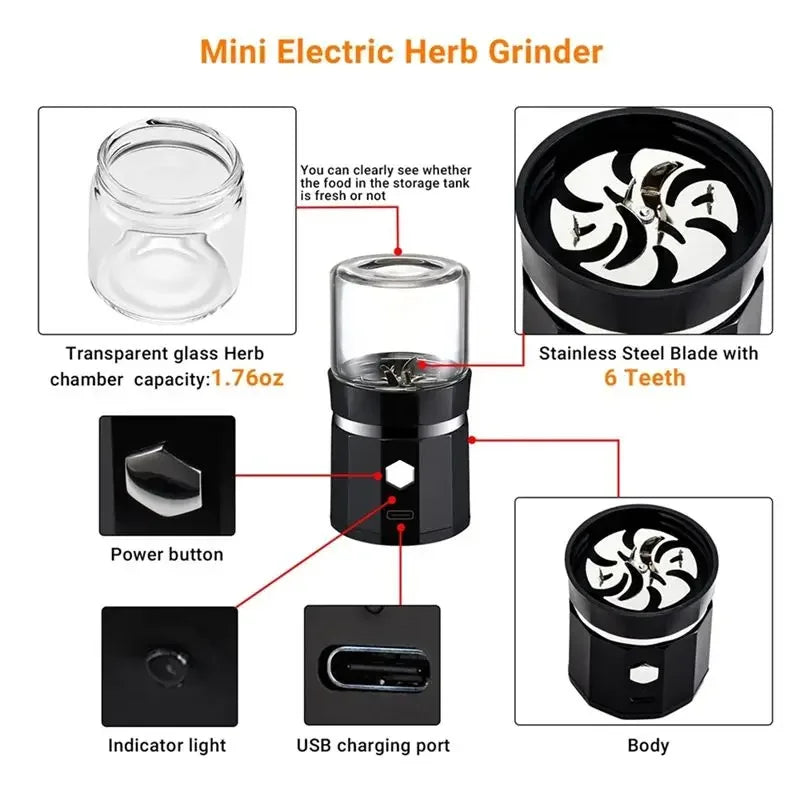 Portable Electric Herb Grinder USB Rechargeable Anti Touch Tobacco Crusher Grinders for Smoking Pipe Grass Smoke Accessories