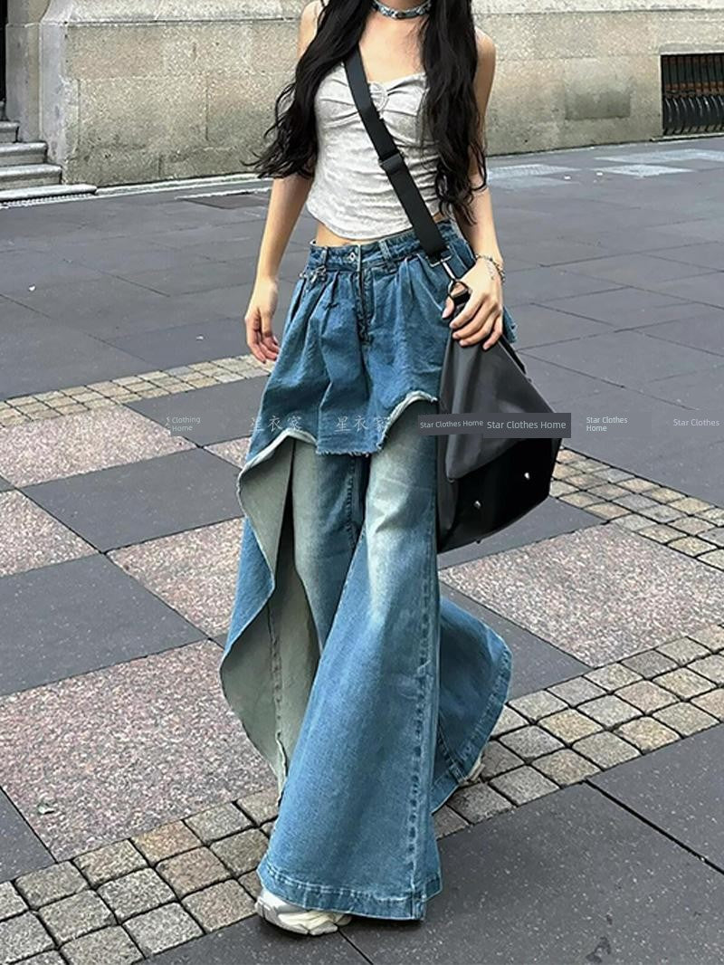2026 European and American Retro Wide-Leg Scimitar Jeans for Women / Floor-Length Pants