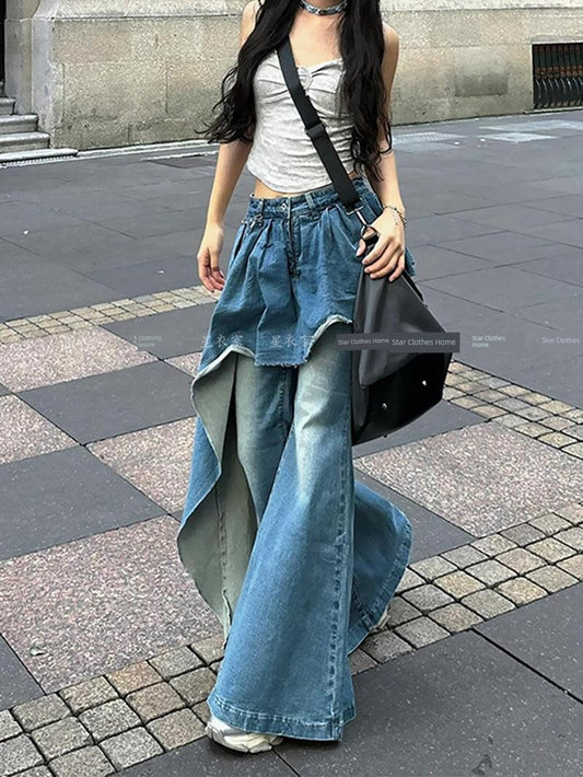 2026 European and American Retro Wide-Leg Scimitar Jeans for Women / Floor-Length Pants