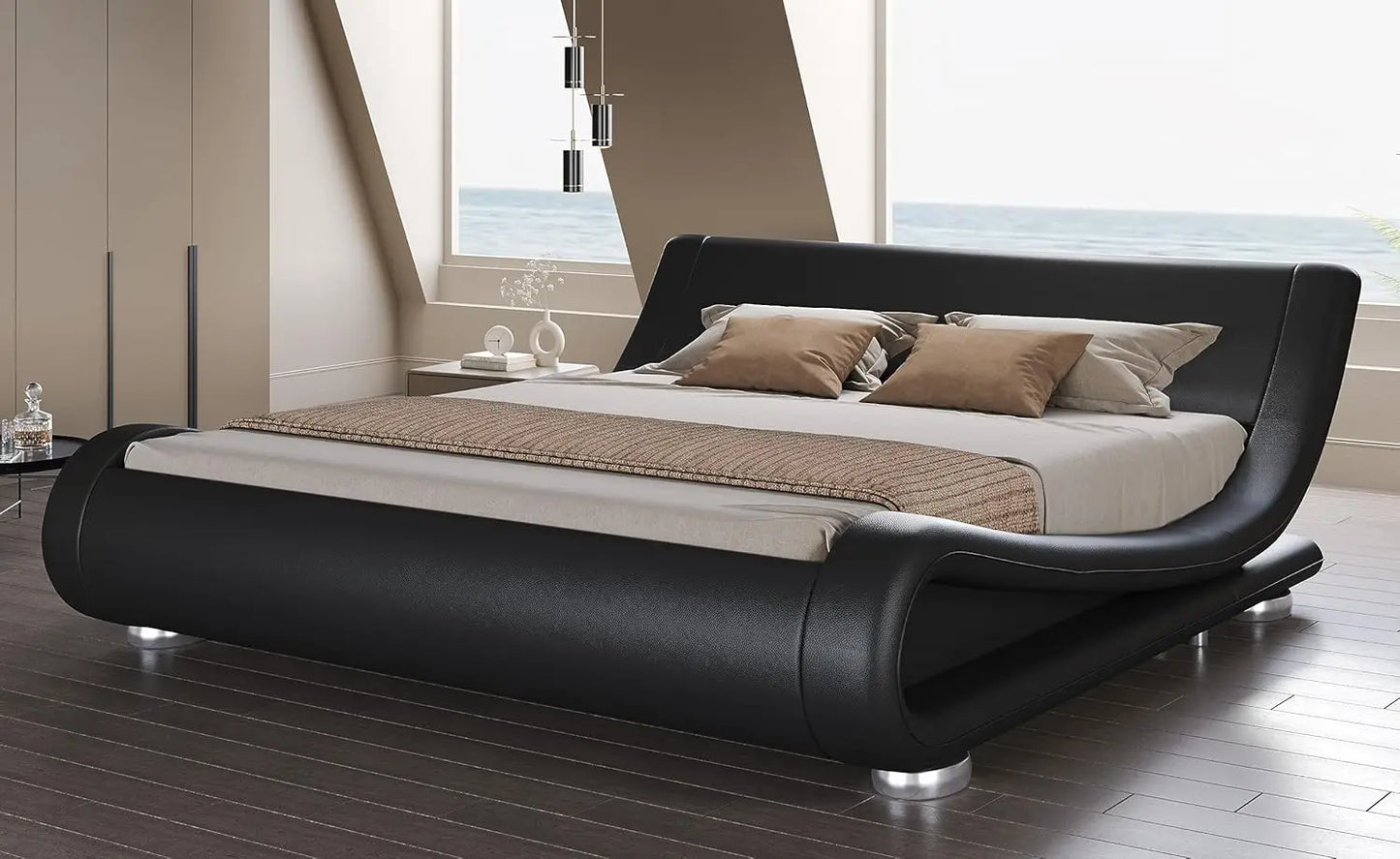 Bed Frame with Faux Leather Ergonomics Headboard, No Box Spring Needed & Easy Assembly
