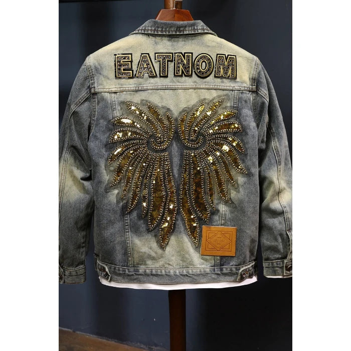 Nostalgic Denim Jacket Men's Retro Classic Wings Sequin Design Trendy Casual Menswear Motorcycle Jacket