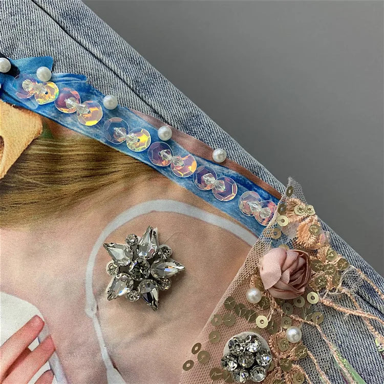 Denim Shorts Womens Heavy Industry Beauty Map Tassel Sequins Beads Broken Hole Five-point Denim Shorts Summer Y2K Straight Pants