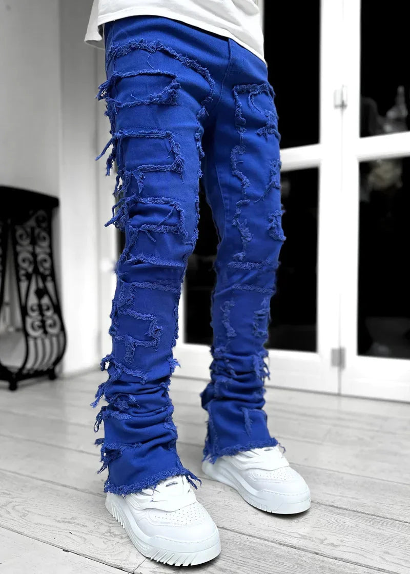 Men Ripped Stacked Jeans Distressed Slim Fit Skinny Straight Leg Jeans Fashion Hip Hop Denim Pants Casual Streetwear