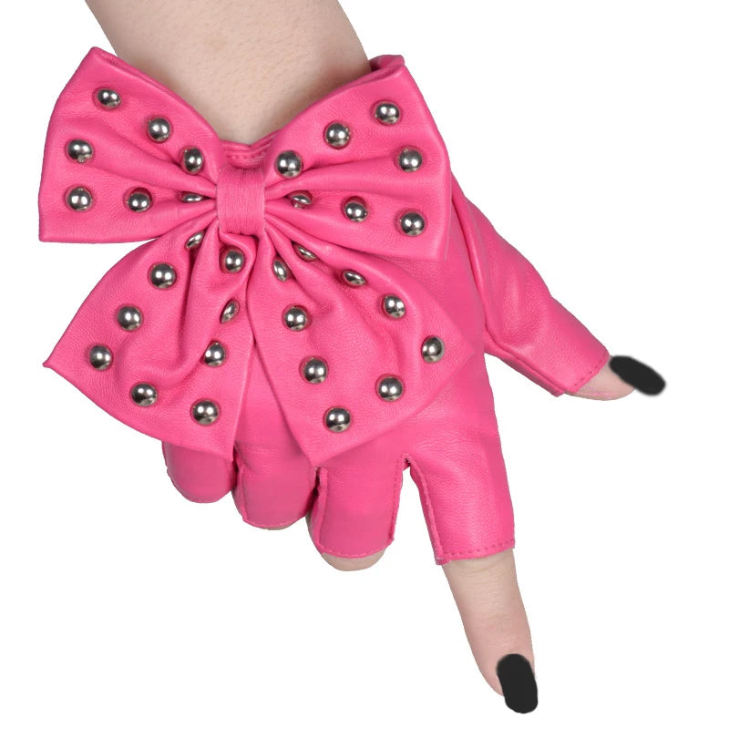 Fashion PU Leather Gloves Big Bow Rivet Sexy Disco Dancing Rock And Roll, Black Punk