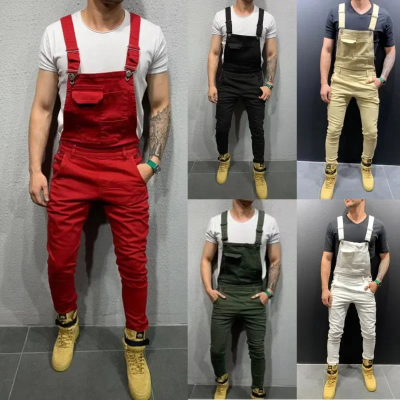 Men's Tie Dye Denim Overalls, Fashionable Slim Fit and Slimming Pants, Solid Color New Style Mens Jeans