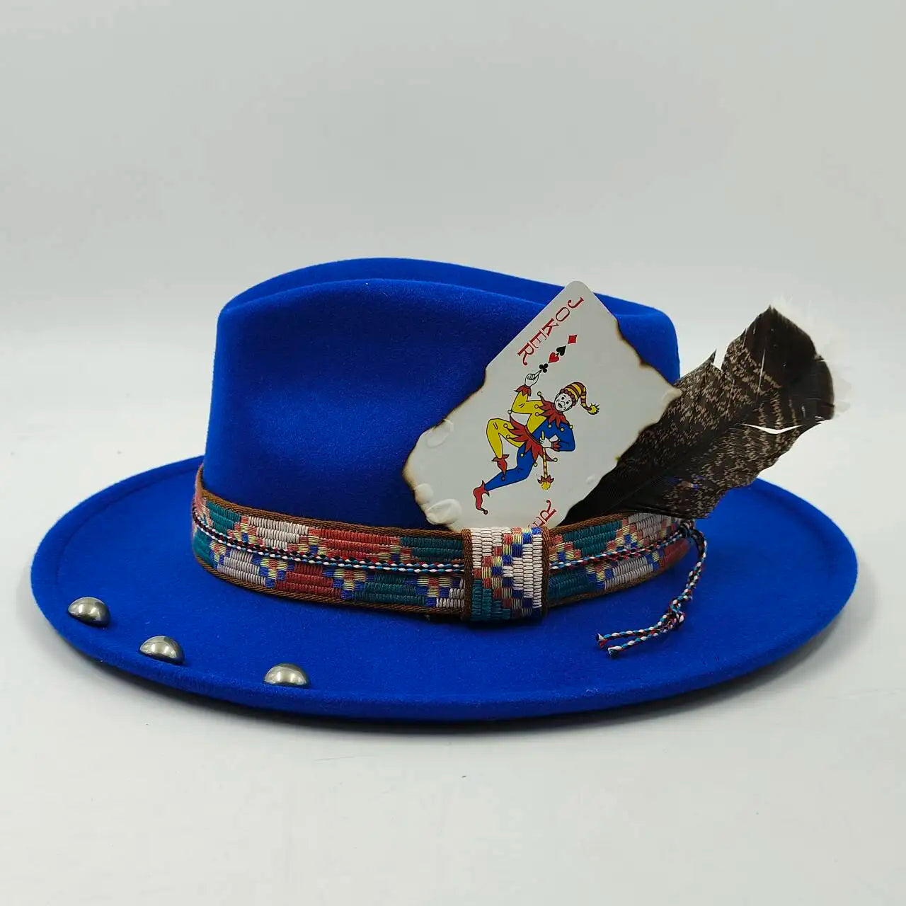 Feather Fedoras Hat for Men Women Black Felt Wide Brim Jazz Cap Plum Blossom 8 Playing Card