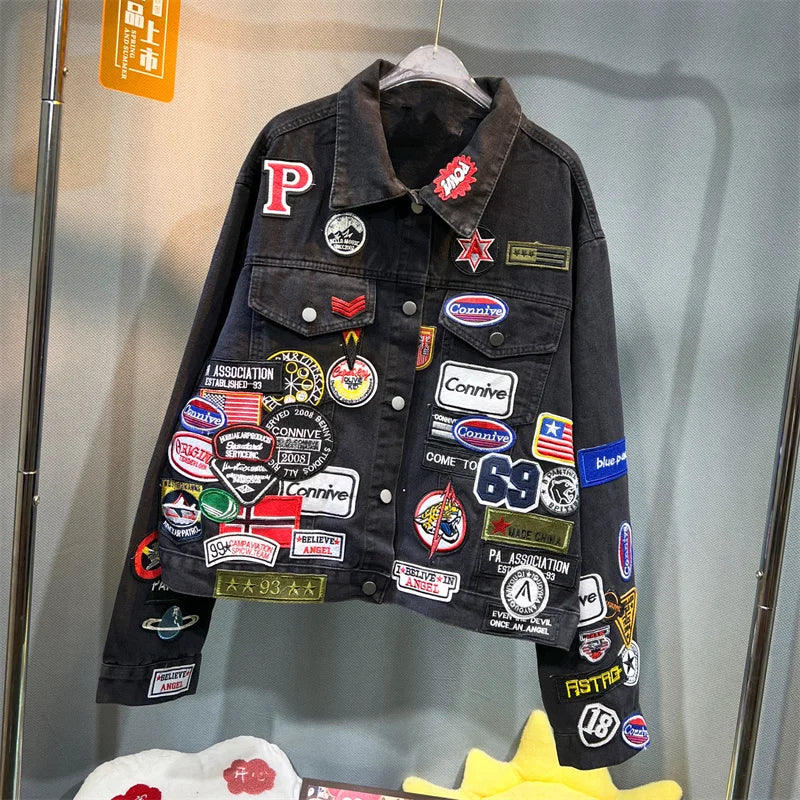 Men's Embroidered Denim Jacket Trendy Slim Fit w Badge Jeans Coat