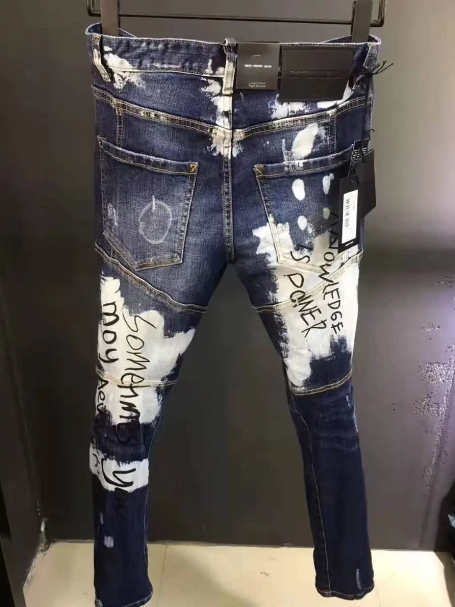Spring Summer D2 Trendy Men's Distred Patch 3D Cutting fiti Print Slim Elastic Ankle Jeans Casual Busin Casual