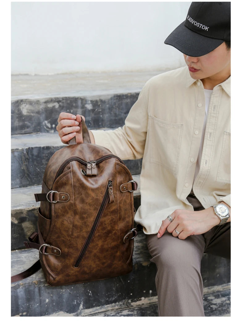 soft PU leather vintage casual backpack for men large capacity travel backpack male laptop shoulder bag waterproof work backpack