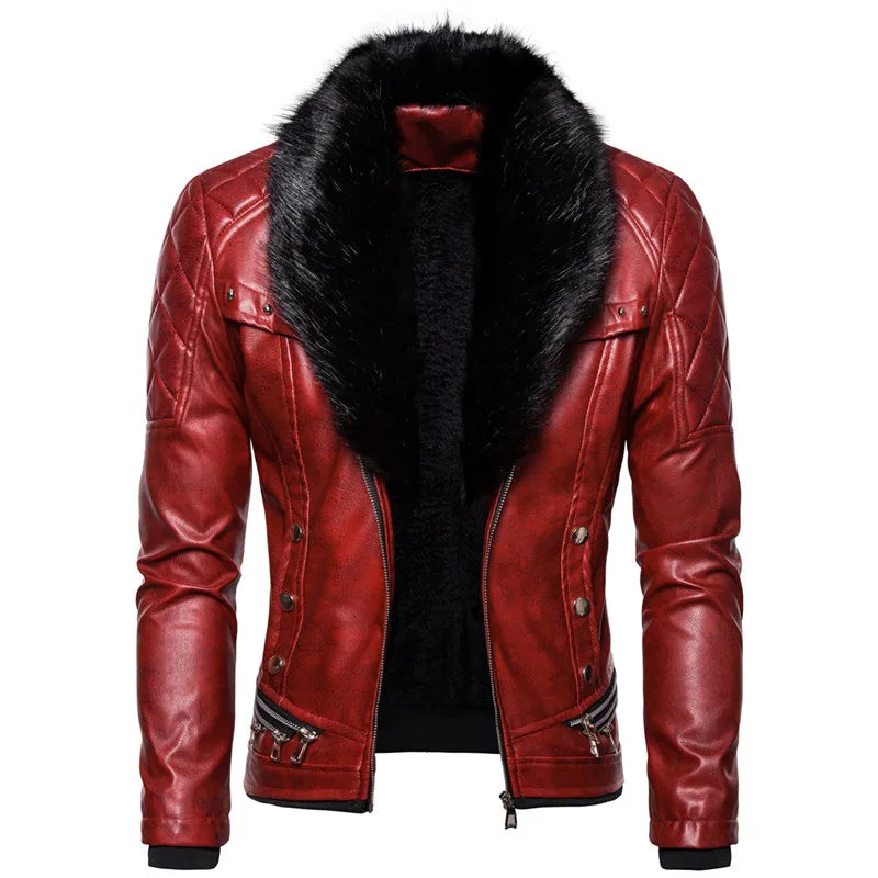 Motorcycle Leather Jacket Men Turn Down Fur Collar Slim Fit Warm PU Bomber Jackets Coats Mens Bikers