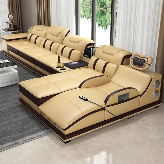 Italian Genuine Leather Sectional Sofa with Bluetooth, Speaker, Functional Headrest, Massage Chaise L Shape Corner