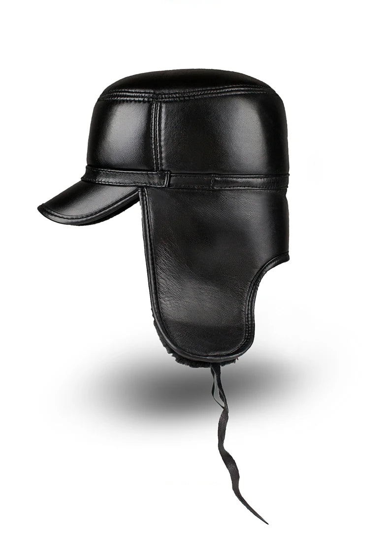 High Quality Genuine Leather Hats Winter First Layer Cowhide Warm Earmuffs Bomber Caps Plus Velvet Thicken Man Bone Caps Dad Hat