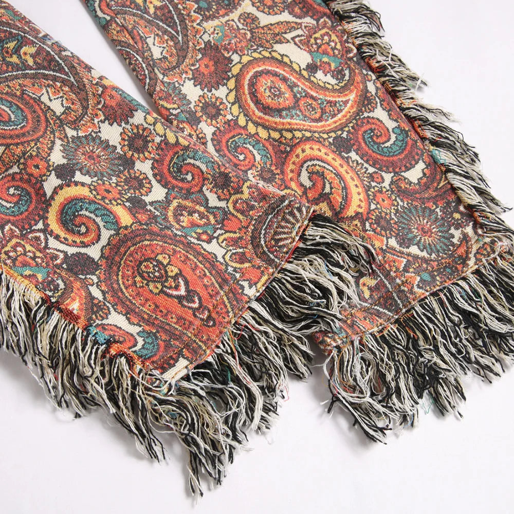 Men Bandana Print Pants Plus Size Multi Pockets Cargo Jeans Fashion Tassels Paisley Bandanna Trousers