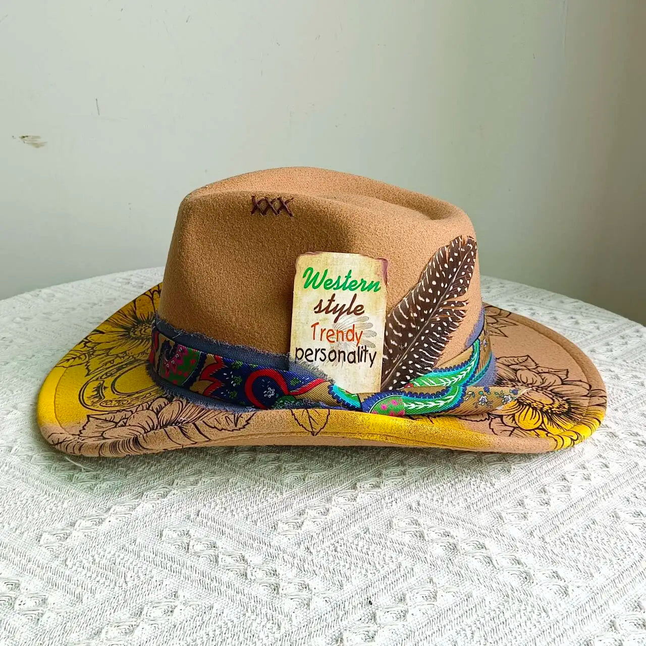 inted Fedora Western Cowboy Hat for Men and Women FloralPainted Jazz Hat Wide Brim Cowboy  Feather Accessories