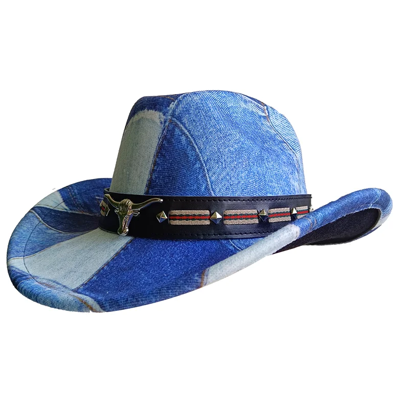 Ethnic Style Cowboy Hat Fashion Chic Unisex Solid Color Jazz Hat With Bull Shaped Decor