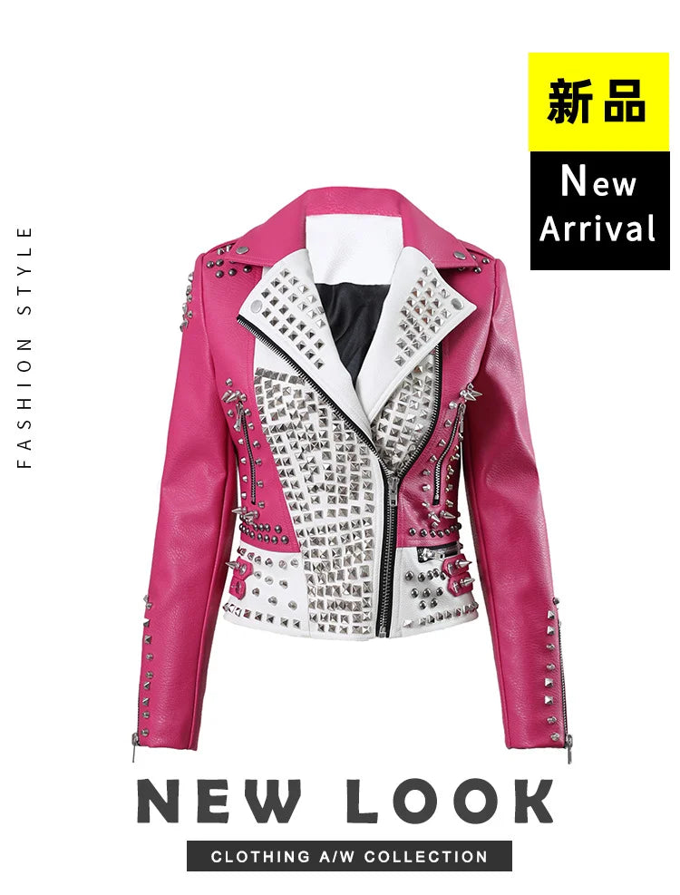 Punk Studded Motorcycle Leather Jacket Women 2026 Trend Streetwear Contrast Color Stitched Faux Leather Embroidered Jackets