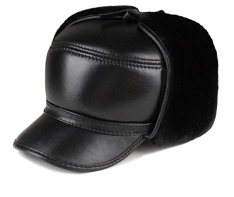 High Quality Genuine Leather Hats Winter First Layer Cowhide Warm Earmuffs Bomber Caps Plus Velvet Thicken Man Bone Caps Dad Hat