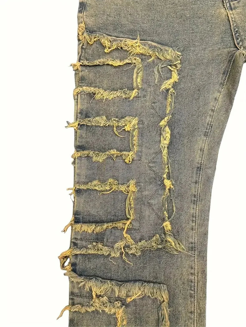Distressed Men's Jeans Tassels Patchwork Design Vintage Washed Stretch Denim Pants Straight Fashion Streetwear Trousers
