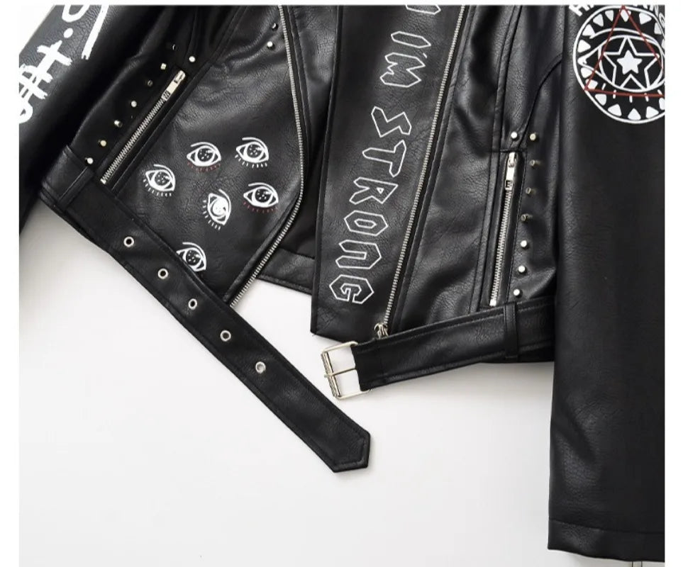 High Street Leather Jacket Women Rivet PU Leather Bomber Jacket Eyelet Print Punk Moto Biker Coat Outerwear Luxury Women Clothes