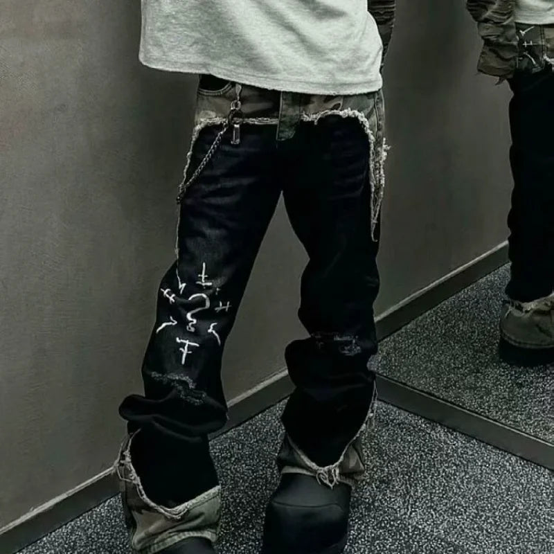American Street Vintage Washed Camouflage Stitching Jeans Men And Women Y2K High Street Hip Hop Straight Baggy Slim Pants Tide