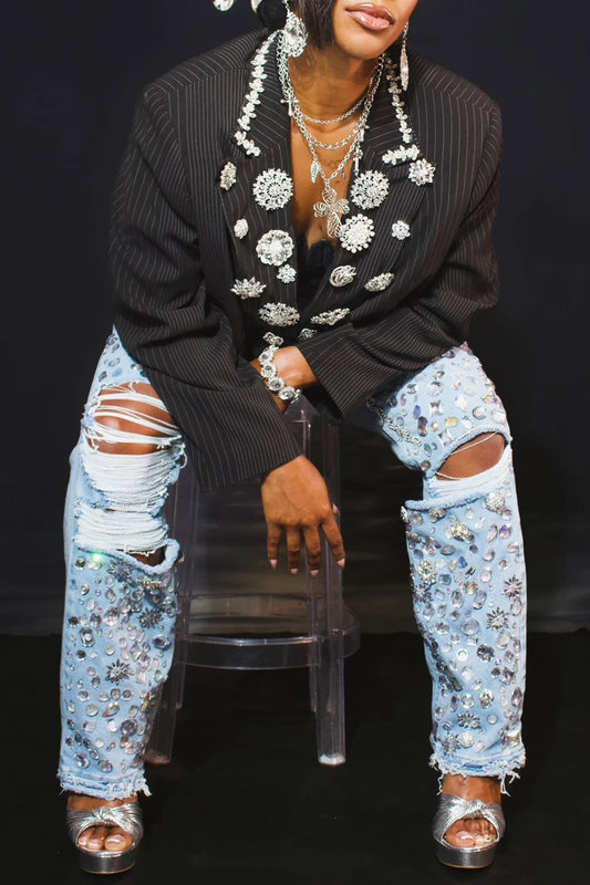 Plus Size Party Light Blue Casual Drilling Pocket Denim Jeans