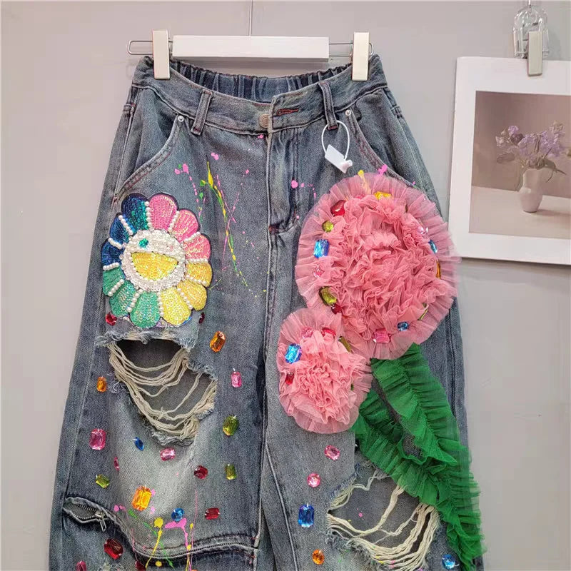 HKSH Spring Summer New Women Ins Chic High Street Three-dimensional Flower Diamonds Jeans Casual Elastic Waist Long Pants