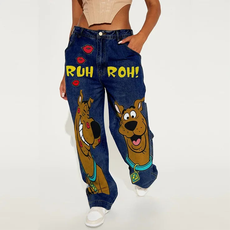 American Retro Fashion Women High Waist Cartoon Printed Jeans High Street Design Slim Casual Straight Wide-Leg Jeans