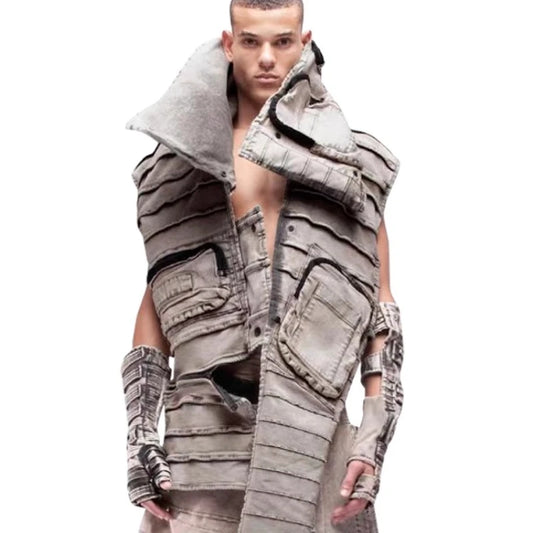 Pioneer Waste Soil Sand Dune Heavy Industry washed Asymmetric stereoscopic Bag Layered High Collar Vest coat