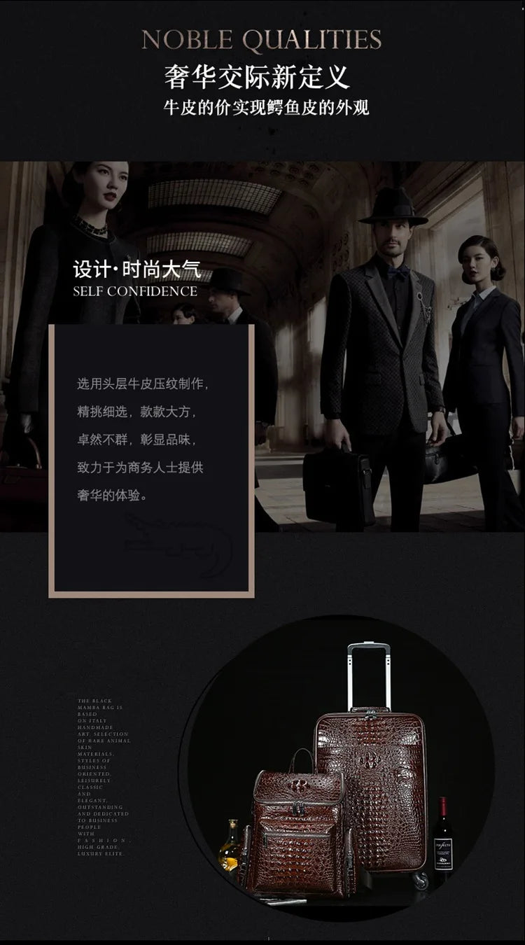 Genuine Leather crocodile pattern travel luggage with handbag backpack men's first layer cowhide trolley suitcase boarding case