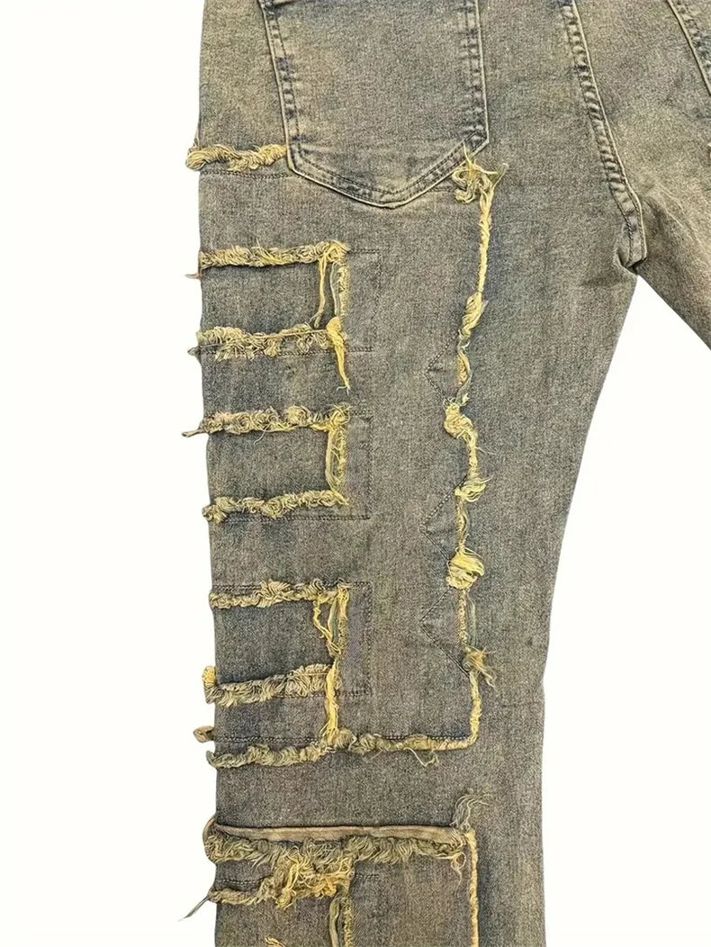Distressed Men's Jeans Tassels Patchwork Design Vintage Washed Stretch Denim Pants Straight Fashion Streetwear Trousers