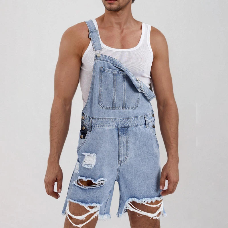 Men Jumpsuit Denim Shorts Summer Vintage Streetwear