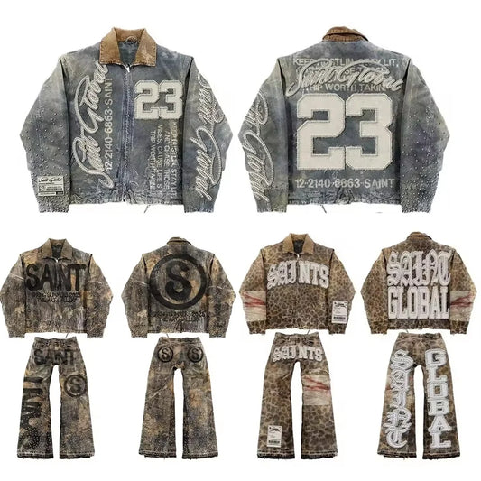 American Retro Denim Jacket  Jeans Two Piece Y2K Clothing Mens Womens Hip Hop Monogram Patchwork Oversized Coats Pants Suit