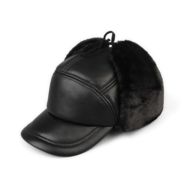 High Quality Genuine Leather Hats Winter First Layer Cowhide Warm Earmuffs Bomber Caps Plus Velvet Thicken Man Bone Caps Dad Hat