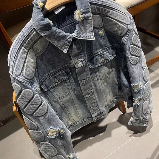 Kanye Co Branded Armor Hole Denim Jeans Jacket Men Women Nice Washed Heavy Fabric Unisex Jackets Coat