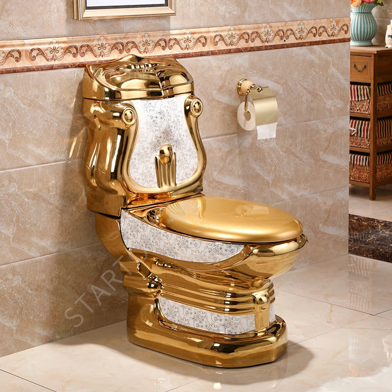 Royal Luxury Style Bathroom Ceramic Water Closet Floor Mounted Gold Color Wash Basin Pedestal Sink Two Piece Toilet Commode Set