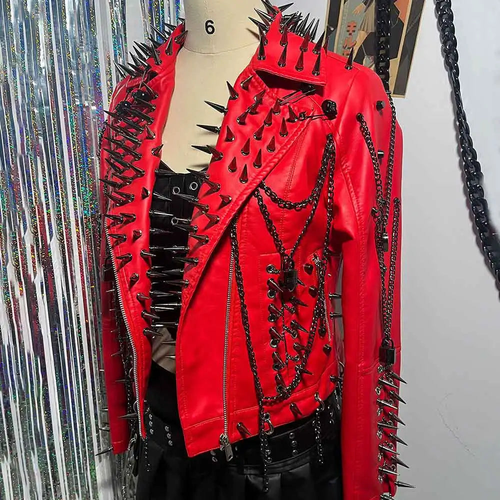 Punk Rock E-Girls Club Wear Harajuku Coat Goth Y2K Pu leather Jacket Zipper Spike Studded Rivet Grunge Chain Emo
