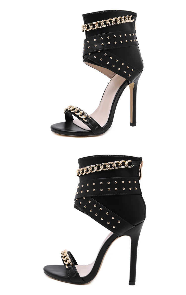 Aneikeh Sexy Rivet Metal Chain Sandals Peep Toe Thin Heel Pumps Gladiator Sandalias Zipper Women High Shoes