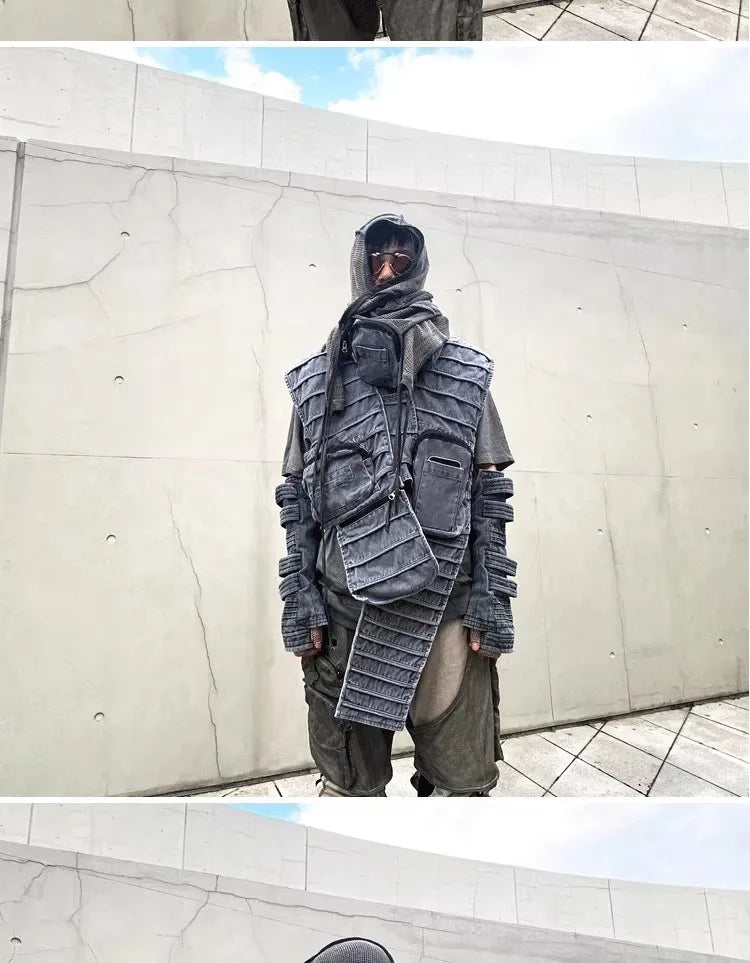 Pioneer Waste Soil Sand Dune Heavy Industry washed Asymmetric stereoscopic Bag Layered High Collar Vest coat