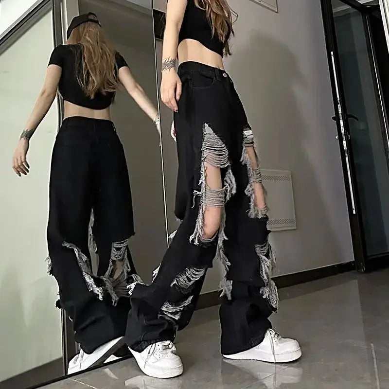 New Front-Rear  Broken Hole Jeans All-Match Distressed Women High Street Hip Hop High Waist Straight Loose Trousers