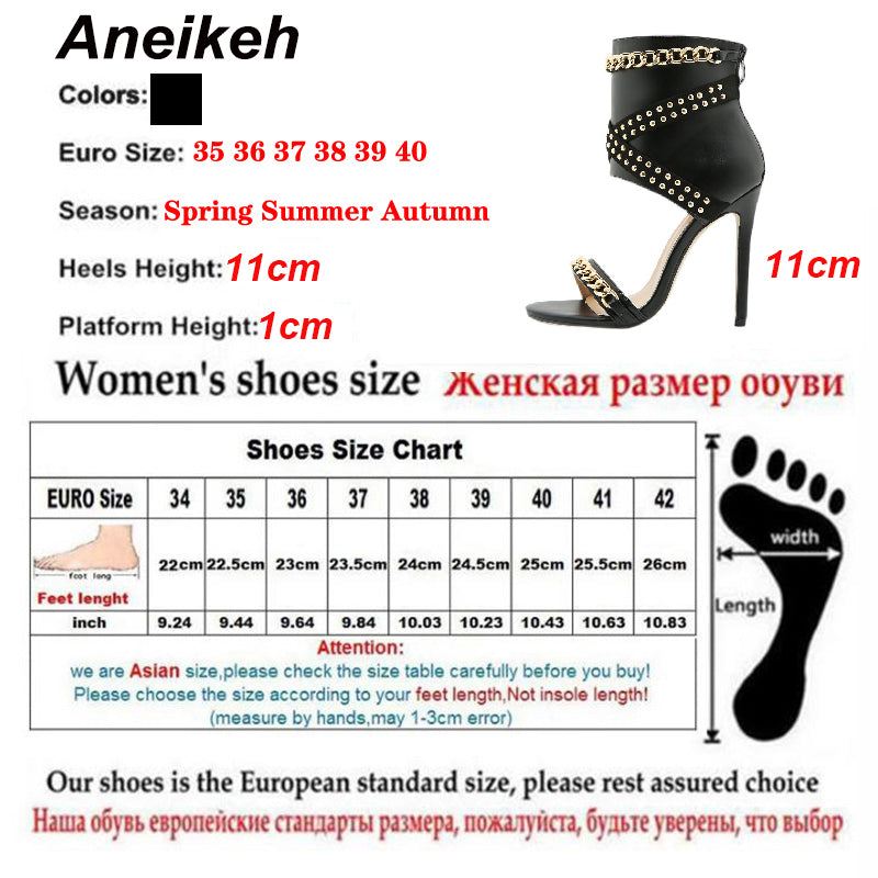 Aneikeh Sexy Rivet Metal Chain Sandals Peep Toe Thin Heel Pumps Gladiator Sandalias Zipper Women High Shoes