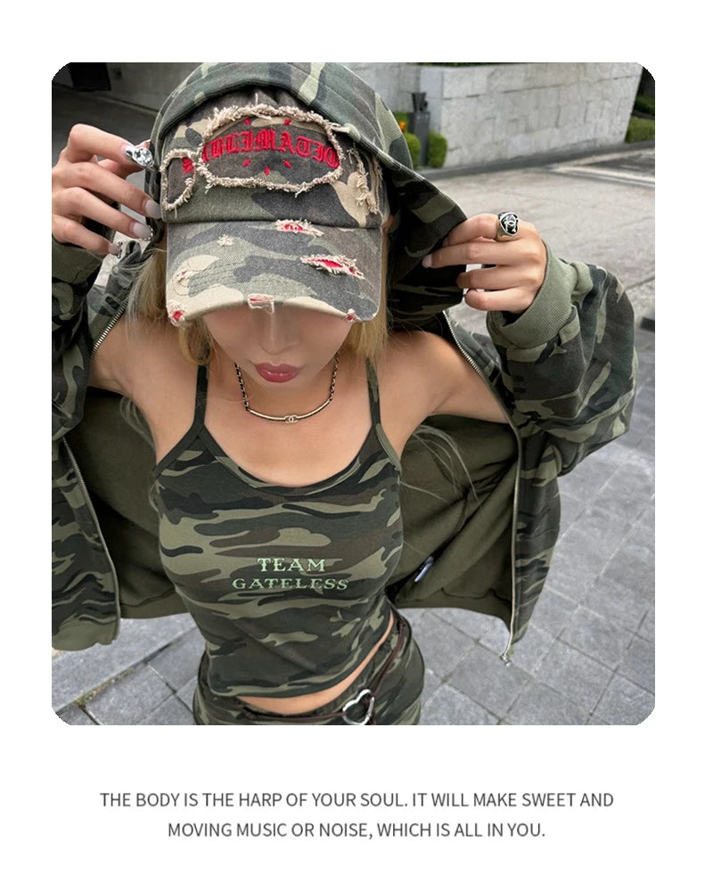 Unisex Broken Style Sanskrit Embroidery Baseball Hats Versatile American Sunshade Camouflage Peaked Caps