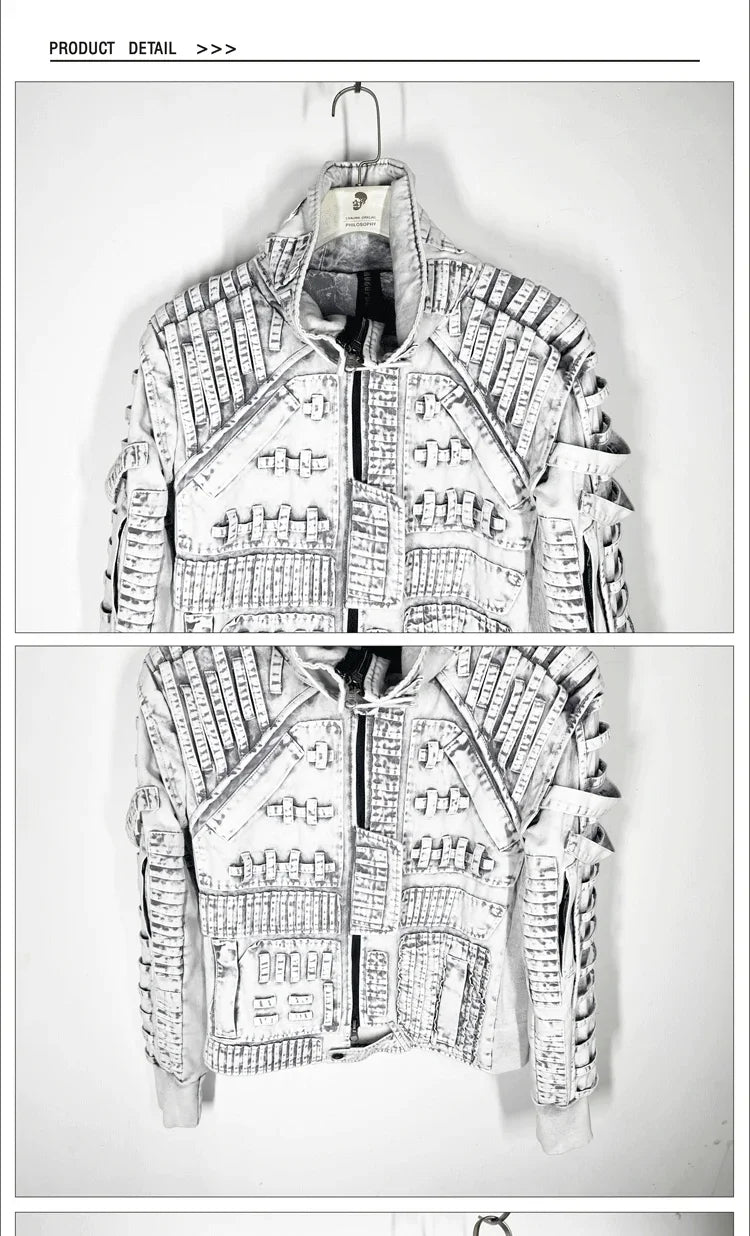 Waste Soil Sand Dune Style Men's Asymmetry Slim Fit Motorcycle Jacket Washed Distressed Fold Deconstruction Coat Male