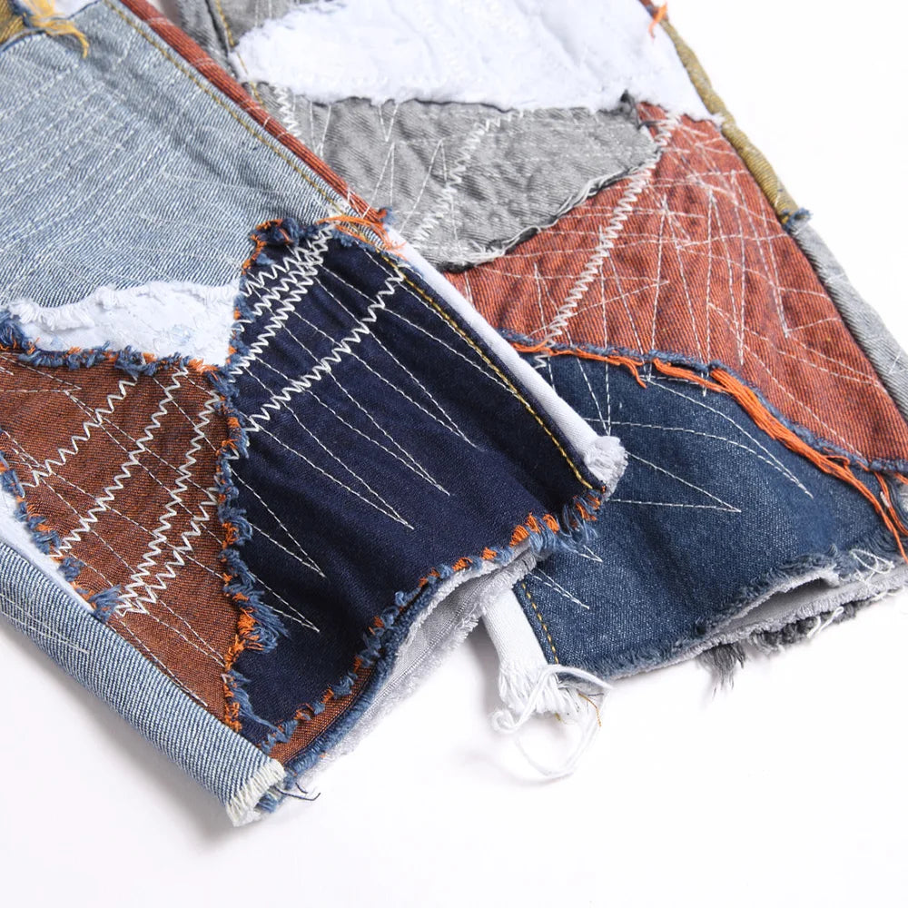 Men Patchwork Denim Jeans Release Hem Colorful Patches Embroidery Pants Non Stretch Cotton Slim Straight Trousers