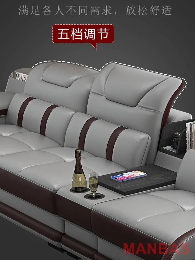 Italian Genuine Leather Sectional Sofa with Bluetooth, Speaker, Functional Headrest, Massage Chaise L Shape Corner