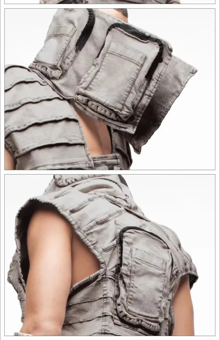 Pioneer Waste Soil Sand Dune Heavy Industry washed Asymmetric stereoscopic Bag Layered High Collar Vest coat