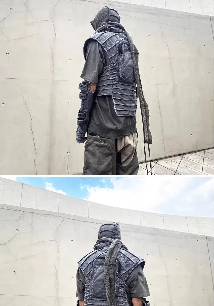 Pioneer Waste Soil Sand Dune Heavy Industry washed Asymmetric stereoscopic Bag Layered High Collar Vest coat